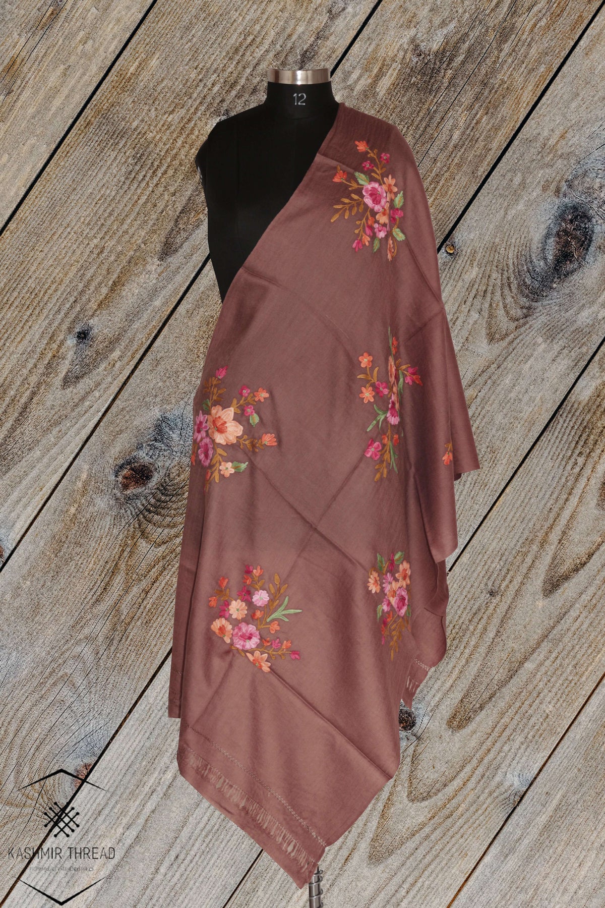 Kashmir Thread Kashmiri Stoles Brown Kashmiri stole with Floral Embroidery