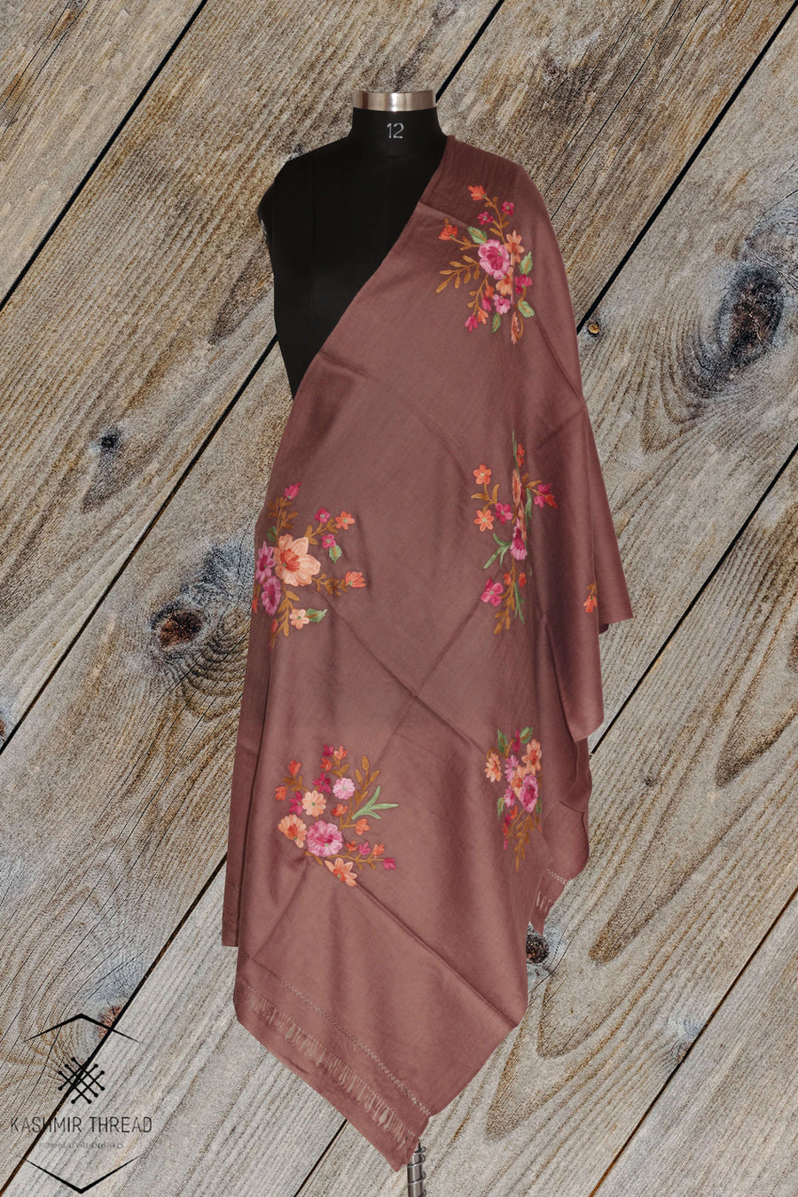 Kashmir Thread Kashmiri Stoles Brown Kashmiri stole with Floral Embroidery