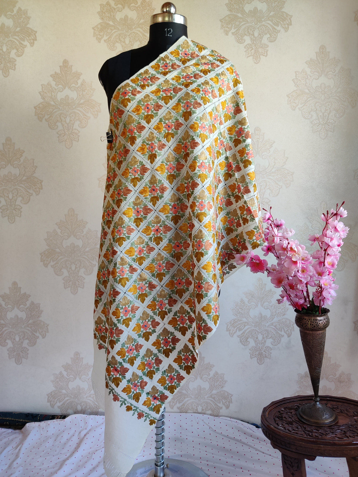 Pure Woolen Kashmiri Embroidery Stole in Cut-Work style with Aari Embroidery Kashmiri Stoles KashmKari