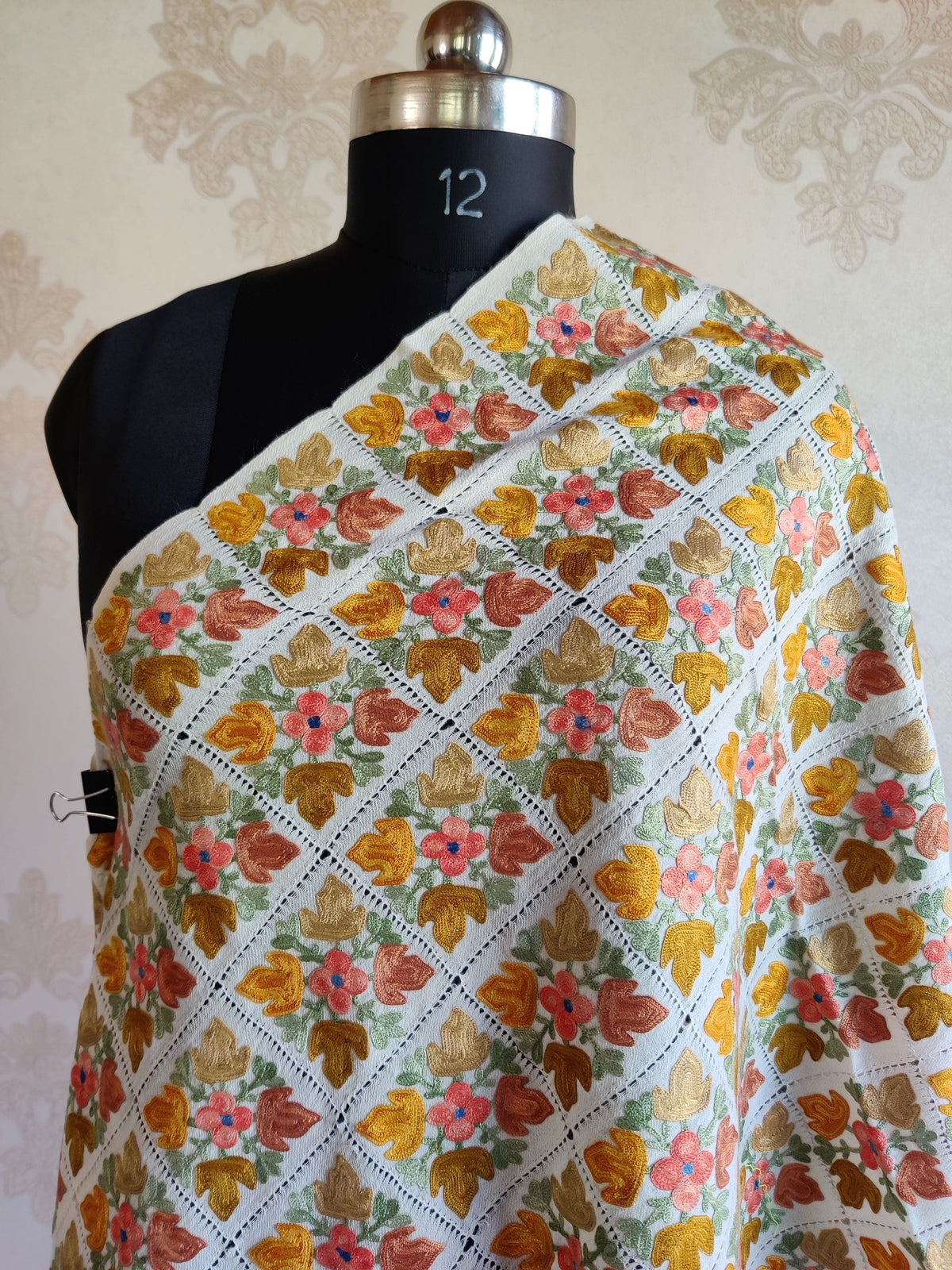 Pure Woolen Kashmiri Embroidery Stole in Cut-Work style with Aari Embroidery Kashmiri Stoles KashmKari