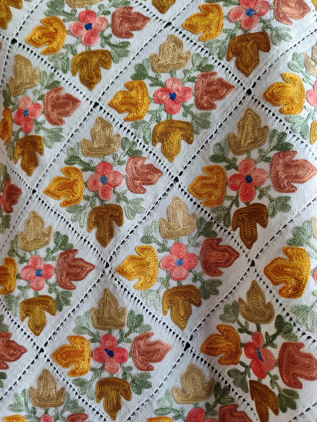 Close-up of white Merino wool scarf folds showing colourful Aari floral squares separated by openwork lines