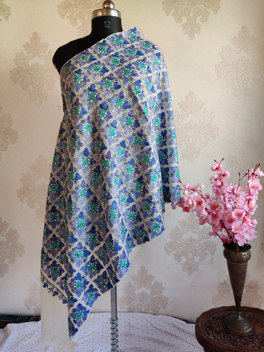 Pure Woolen Kashmiri Embroidery Stole in Cut-Work style with Aari Embroidery Kashmiri Stoles KashmKari