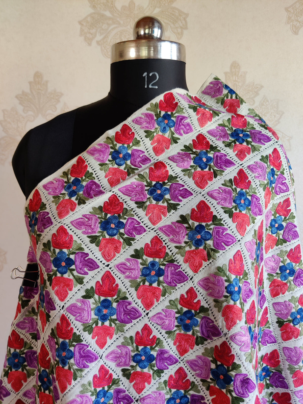 Pure Woolen Kashmiri Embroidery Stole in Cut-Work style with Aari Embroidery Kashmiri Stoles KashmKari