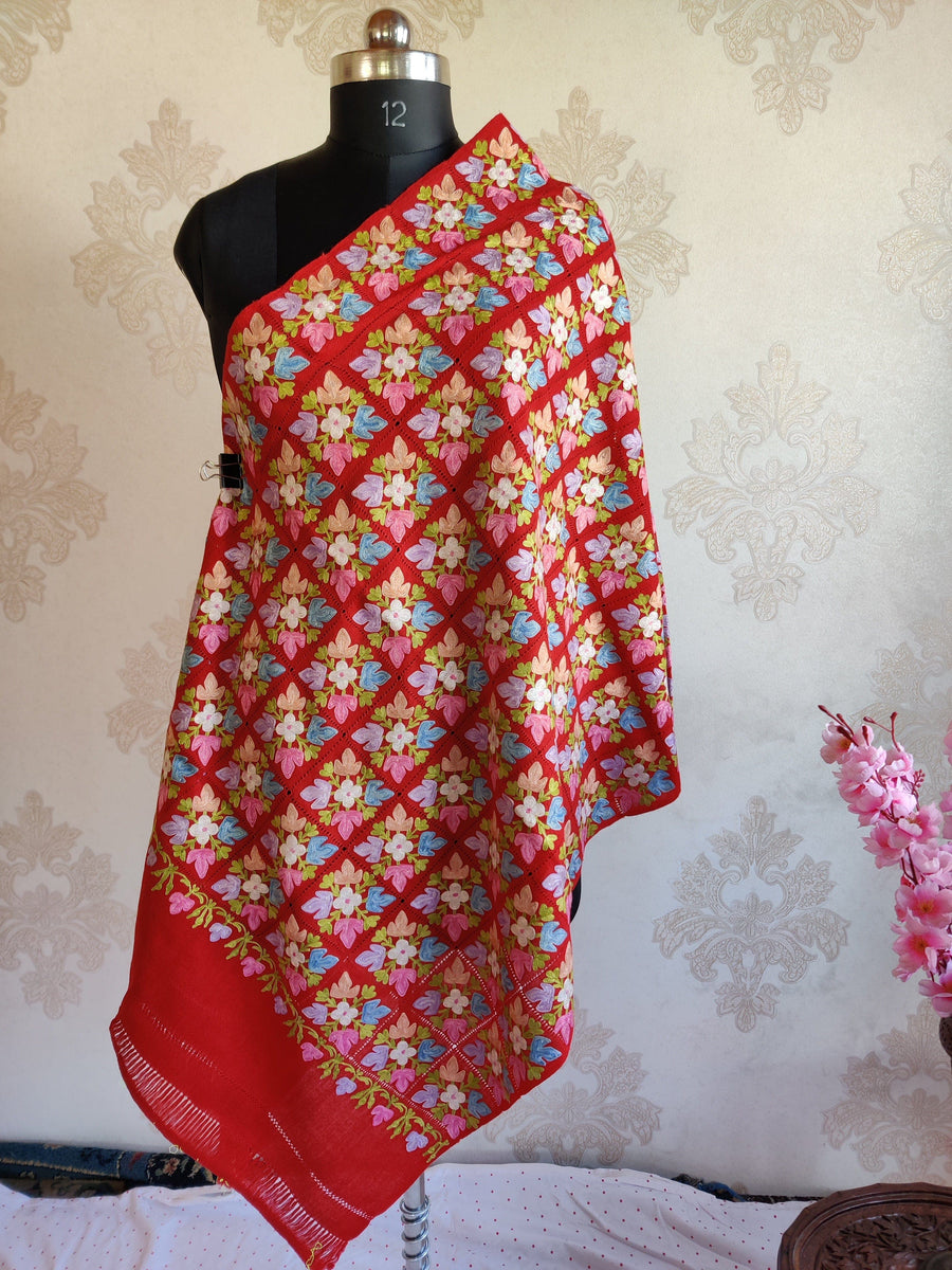 Pure Woolen Kashmiri Embroidery Stole in Cut-Work style with Aari Embroidery Kashmiri Stoles KashmKari