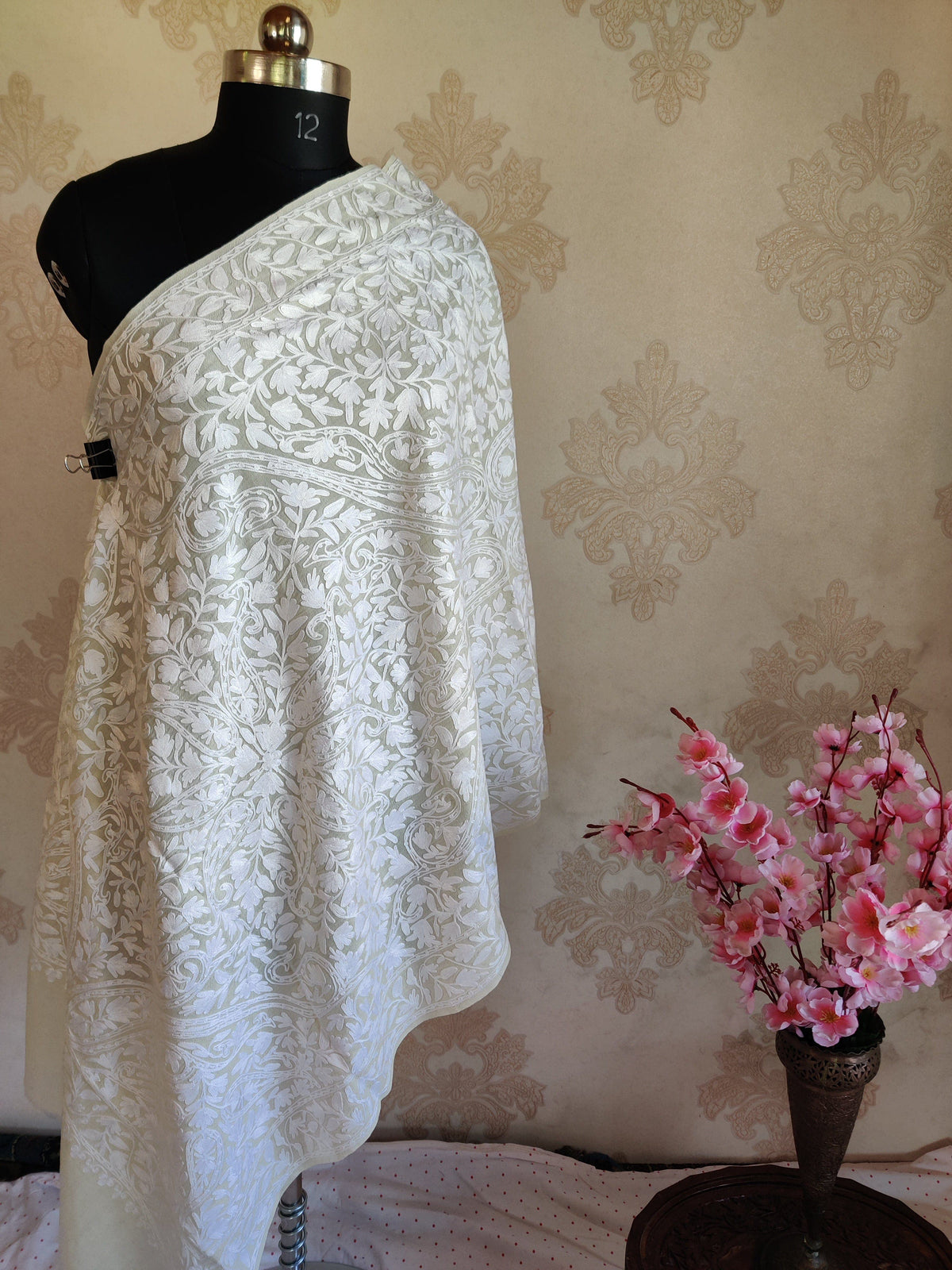 Pure Woolen Kashmiri Embroidery Stole in self work style with All over Heavy Aari Embroidery Kashmiri Stoles KashmKari