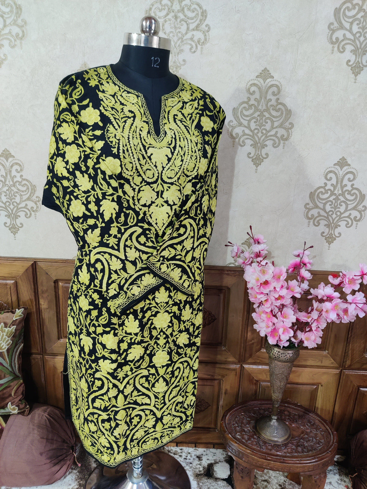 Black Kashmiri Woolen Pheran with all over Yellow Aari Embroidery Pheran KashmKari Buy Kashmiri Phiran Aari Embroidery Online at a Friendly Price | Kashmir Thread