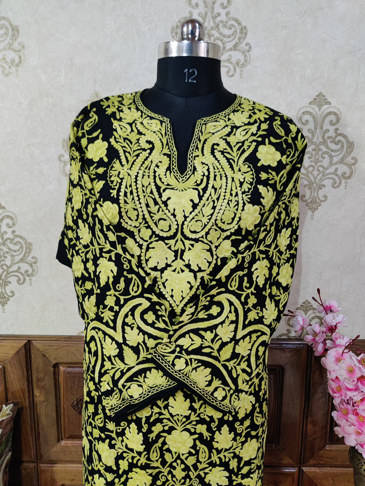 Black Kashmiri Woolen Pheran with all over Yellow Aari Embroidery Pheran KashmKari Buy Kashmiri Phiran Aari Embroidery Online at a Friendly Price | Kashmir Thread