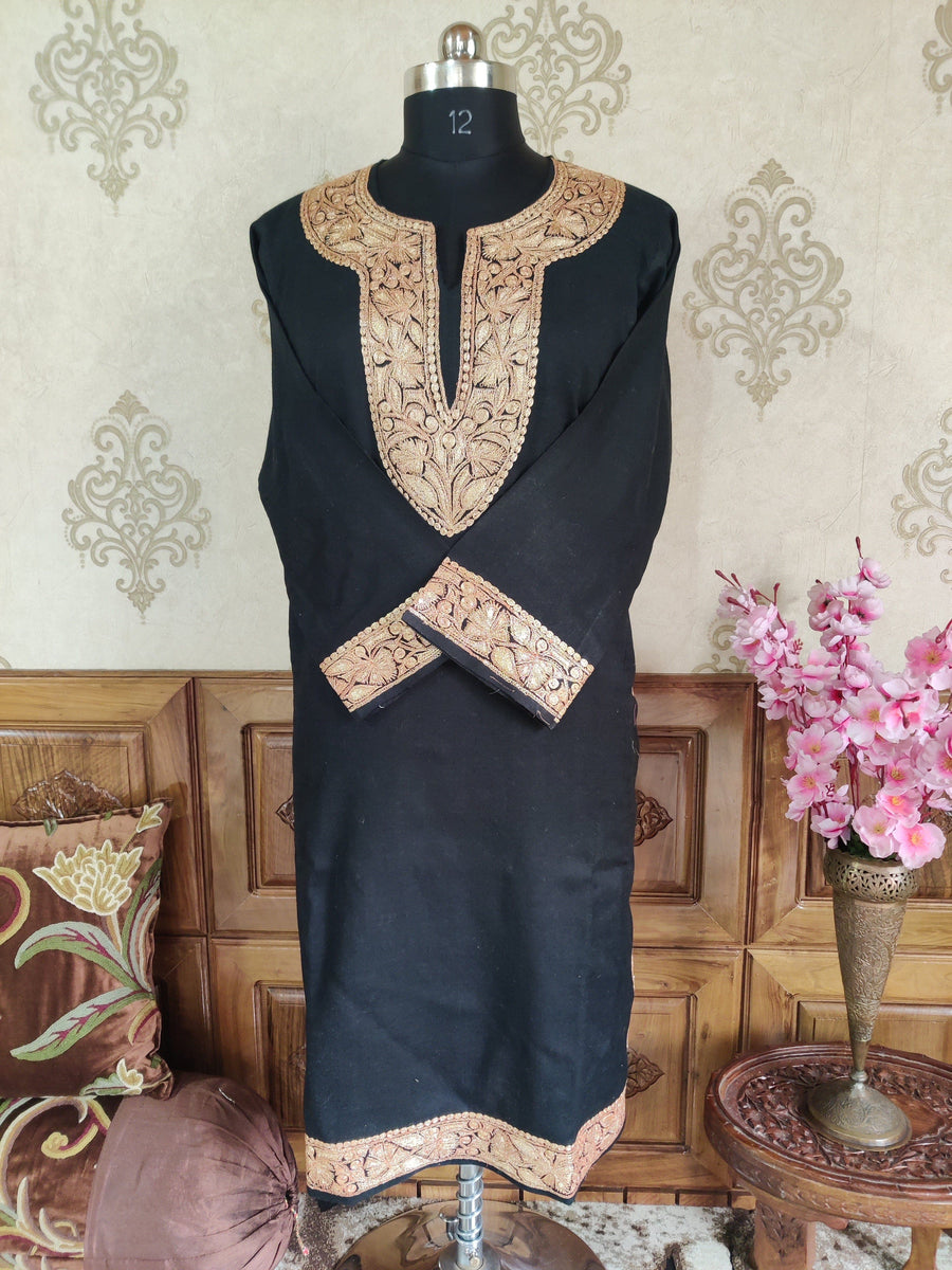 Black Kashmiri Woolen Pheran with Golden Tilla Embroidery Pheran KashmKari Buy Kashmiri Phiran Aari Embroidery Online at a Friendly Price | Kashmir Thread