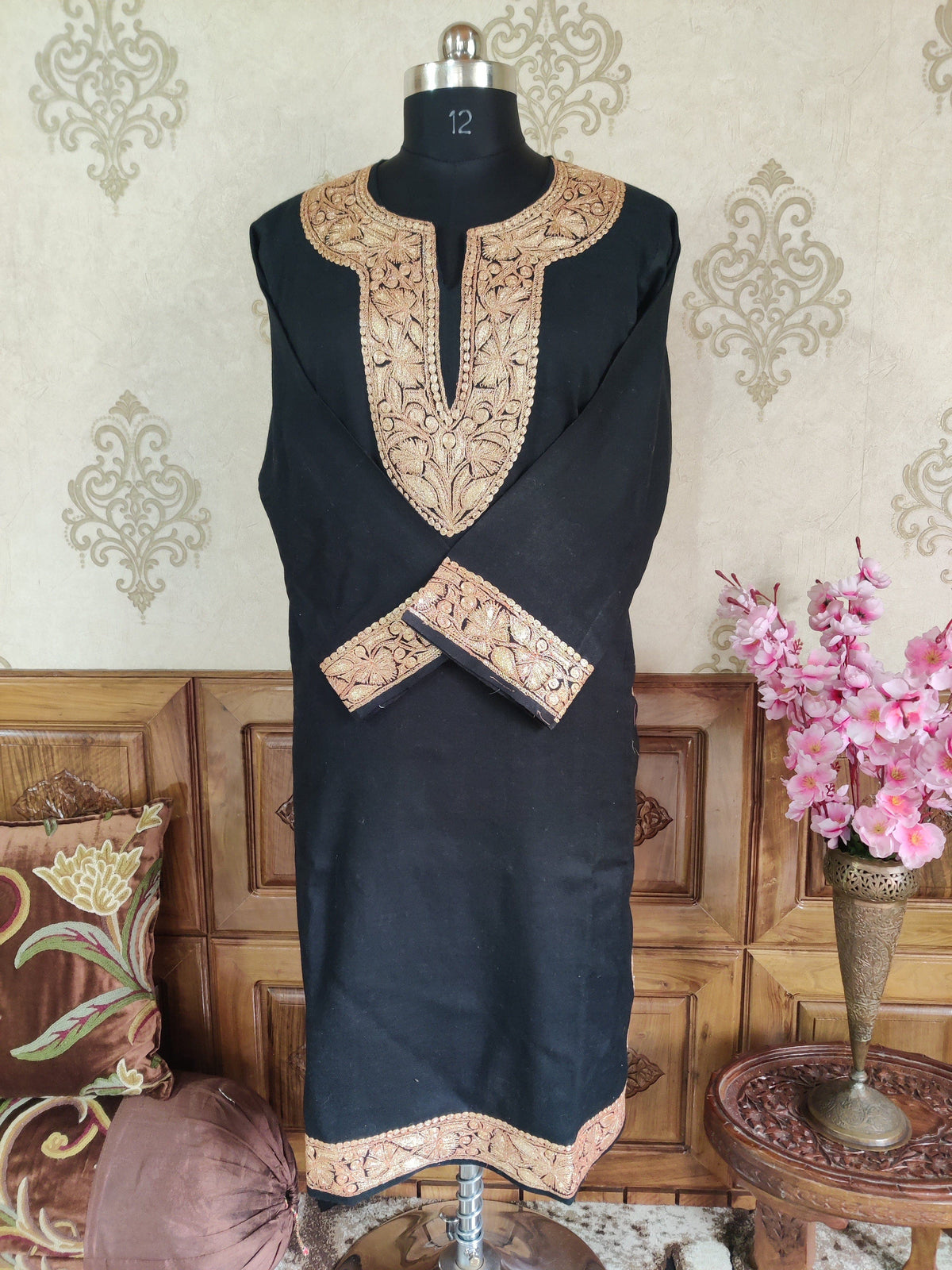 Black Kashmiri Woolen Pheran with Golden Tilla Embroidery Pheran KashmKari Buy Kashmiri Phiran Aari Embroidery Online at a Friendly Price | Kashmir Thread