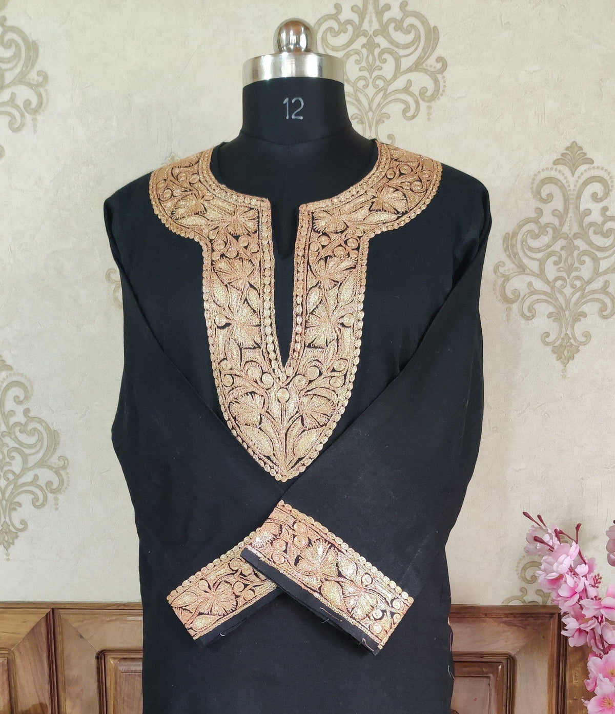 Black Kashmiri Woolen Pheran with Golden Tilla Embroidery Pheran KashmKari Buy Kashmiri Phiran Aari Embroidery Online at a Friendly Price | Kashmir Thread