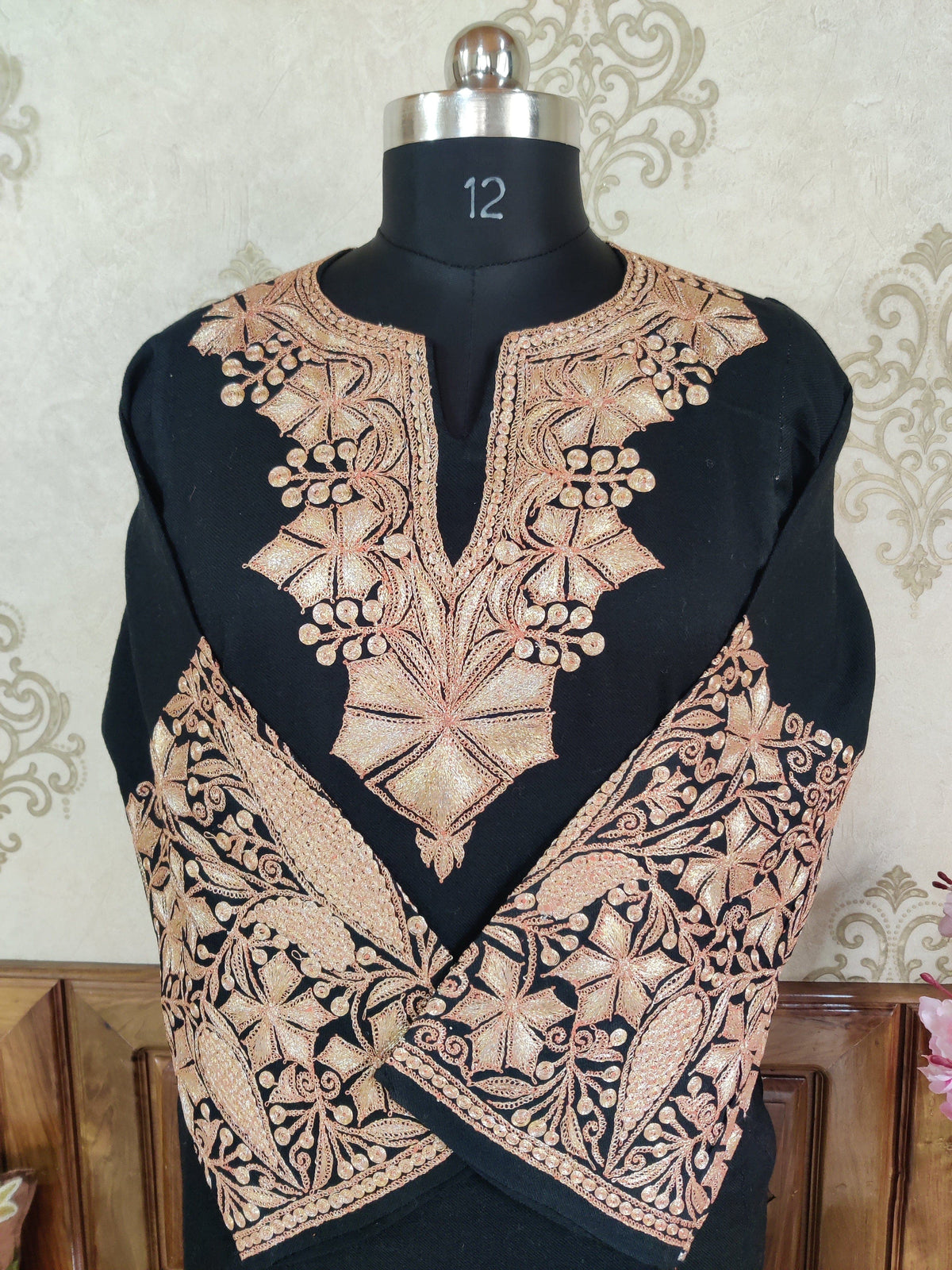 Black Kashmiri Woolen Pheran with Golden Tilla Embroidery Pheran KashmKari Buy Kashmiri Phiran Aari Embroidery Online at a Friendly Price | Kashmir Thread