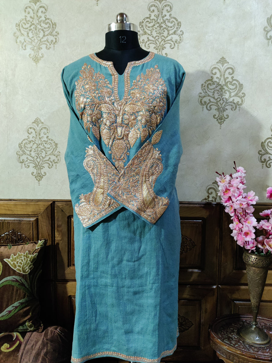Kashmiri Woolen Pheran with Golden Tilla Embroidery Pheran KashmKari Buy Kashmiri Phiran Aari Embroidery Online at a Friendly Price | Kashmir Thread