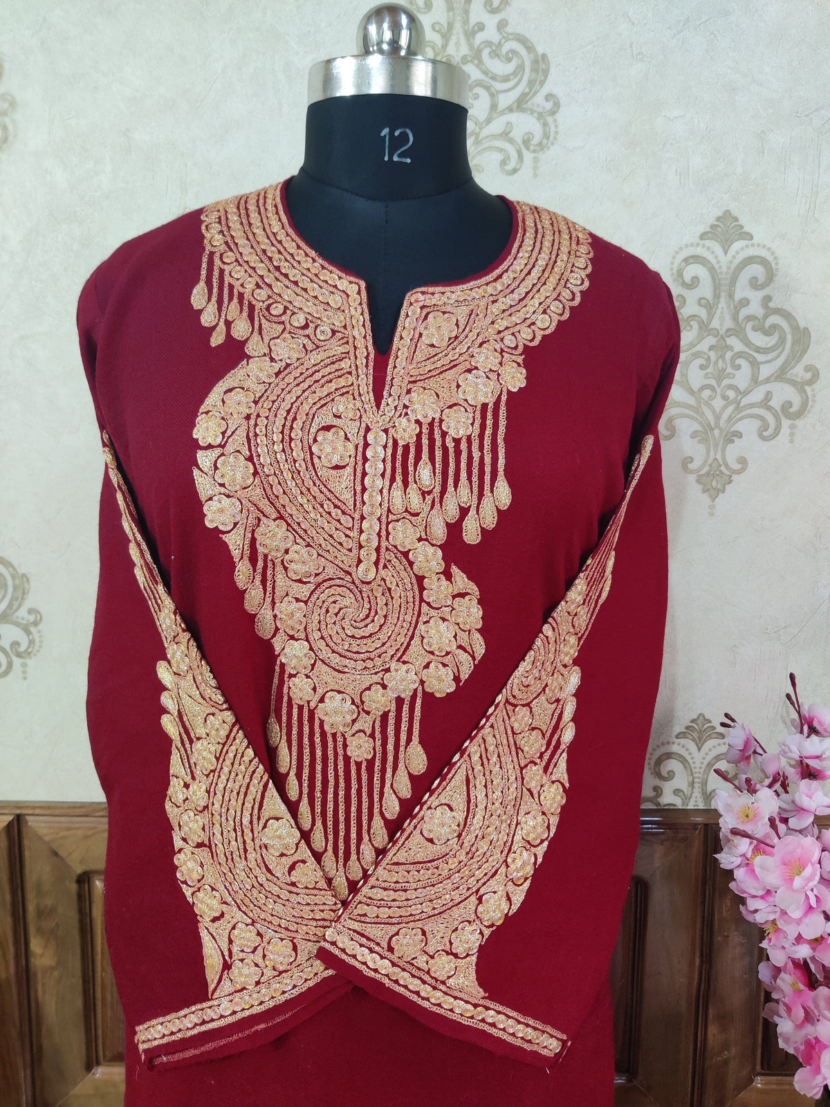Maroon Kashmiri Pheran With Golden Tilla Embroidery Pheran KashmKari Buy Kashmiri Phiran Aari Embroidery Online at a Friendly Price | Kashmir Thread
