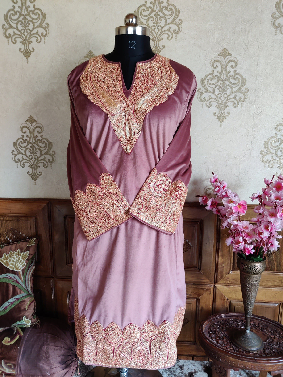 Pink Kashmiri Velvet Phiran With Heavy Tilla Embroidery Pheran KashmKari Buy Pink Kashmiri Velvet Phiran With Heavy Tilla work Online at a Best price | Kashmir Thread