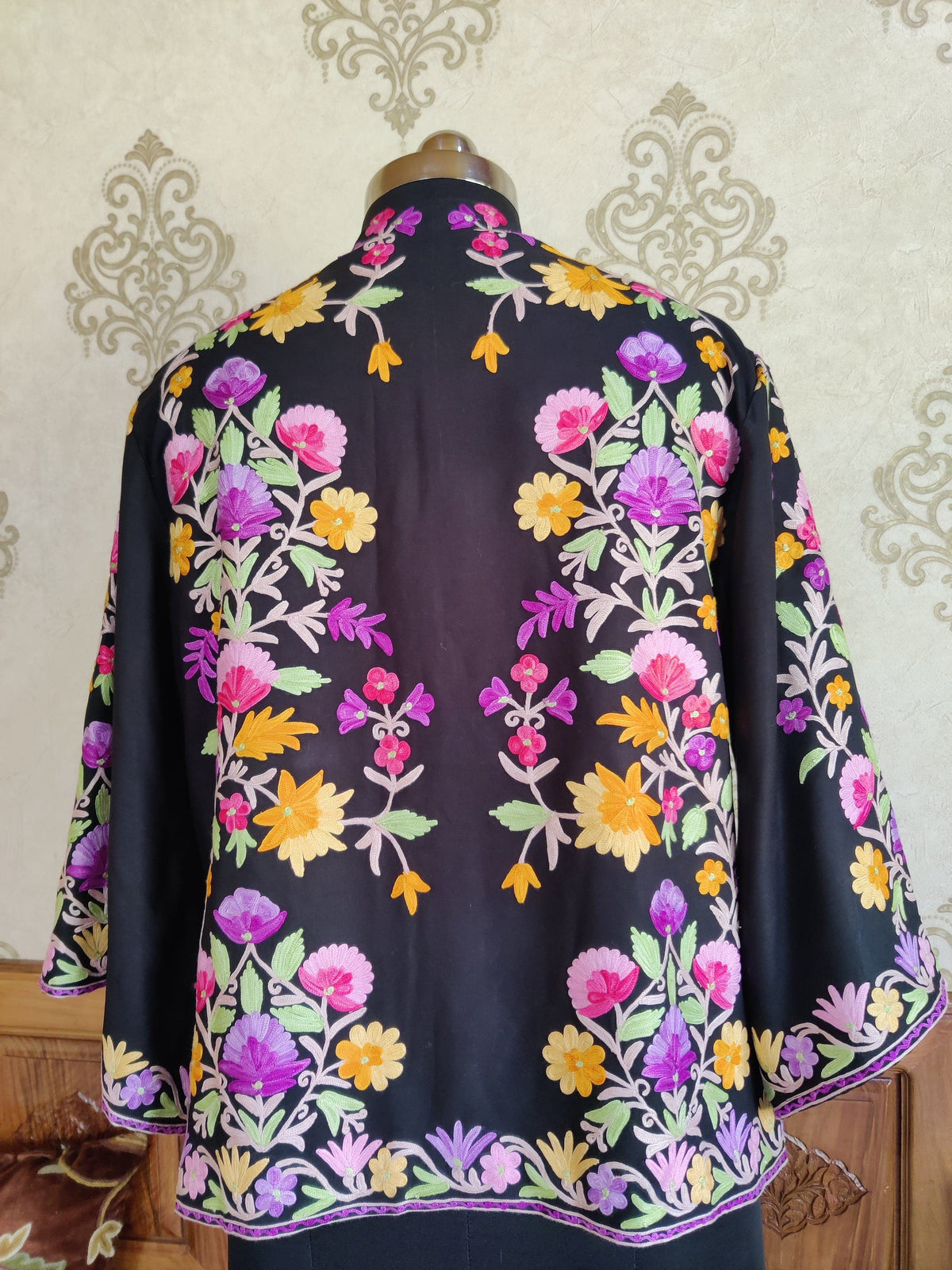 Black Short Kimono with Kashmiri Floral Embroidery | Kashmiri Embroidery Robe Robe KashmKari