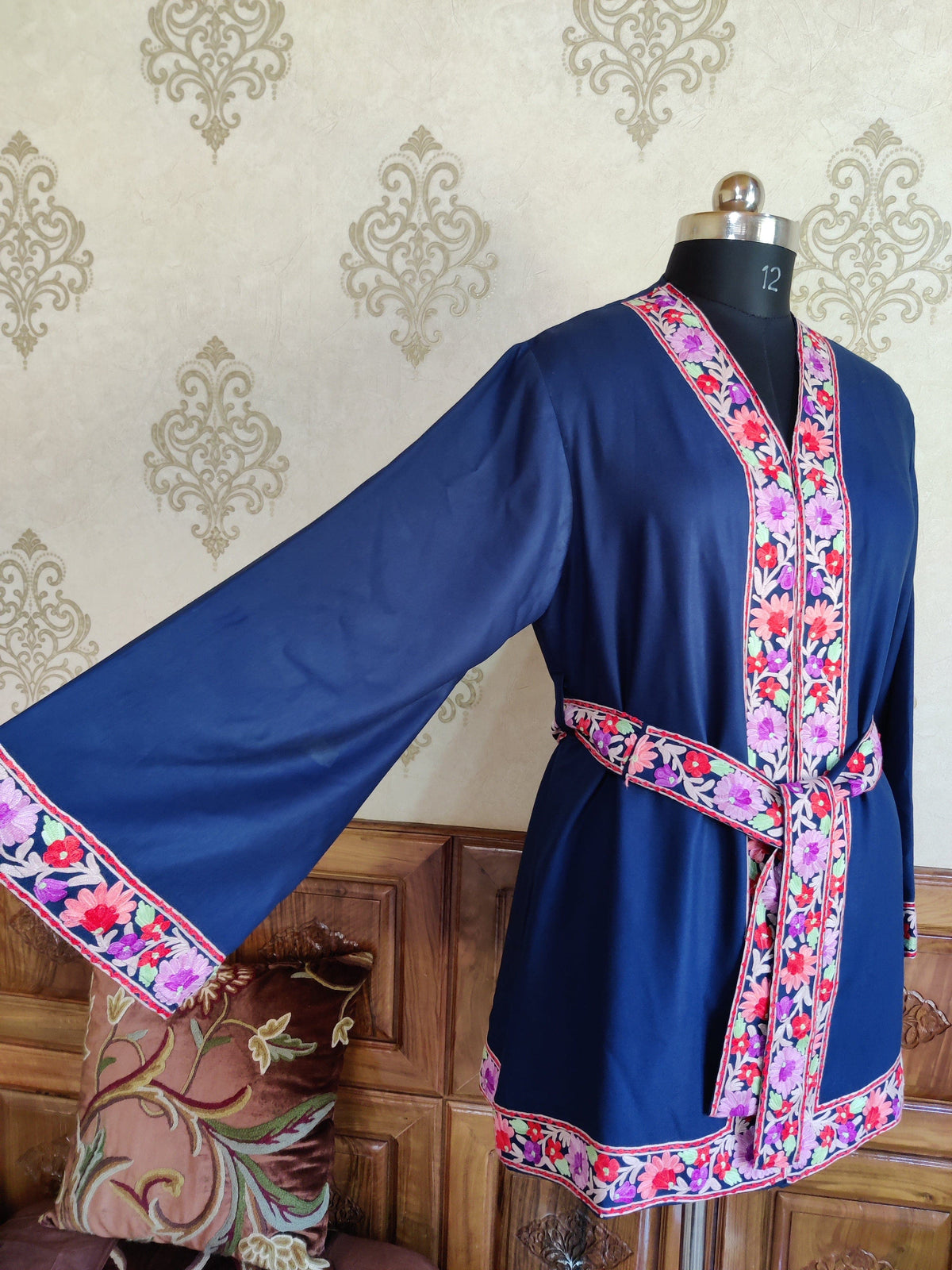 Blue Kashmiri Embroidery Robe with Floral Embroidery Belt | Kashmiri Kimono robe KashmKari