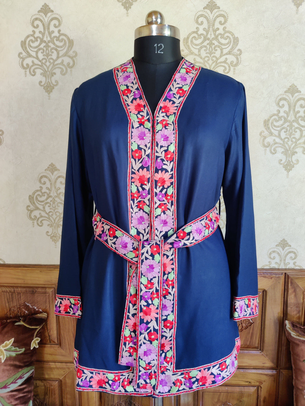 Blue Kashmiri Embroidery Robe with Floral Embroidery Belt | Kashmiri Kimono robe KashmKari