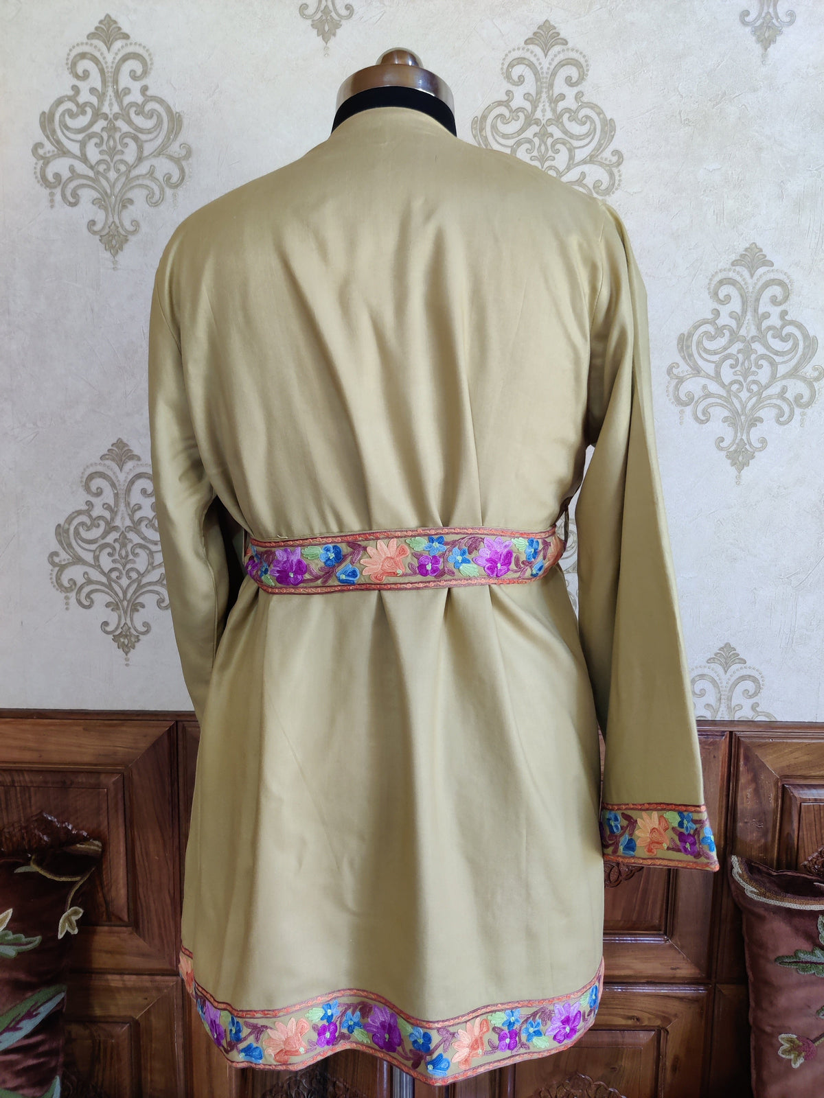 Taupe Kashmiri Embroidery Robe with Floral Embroidery Belt | Kashmiri Kimono Robe KashmKari
