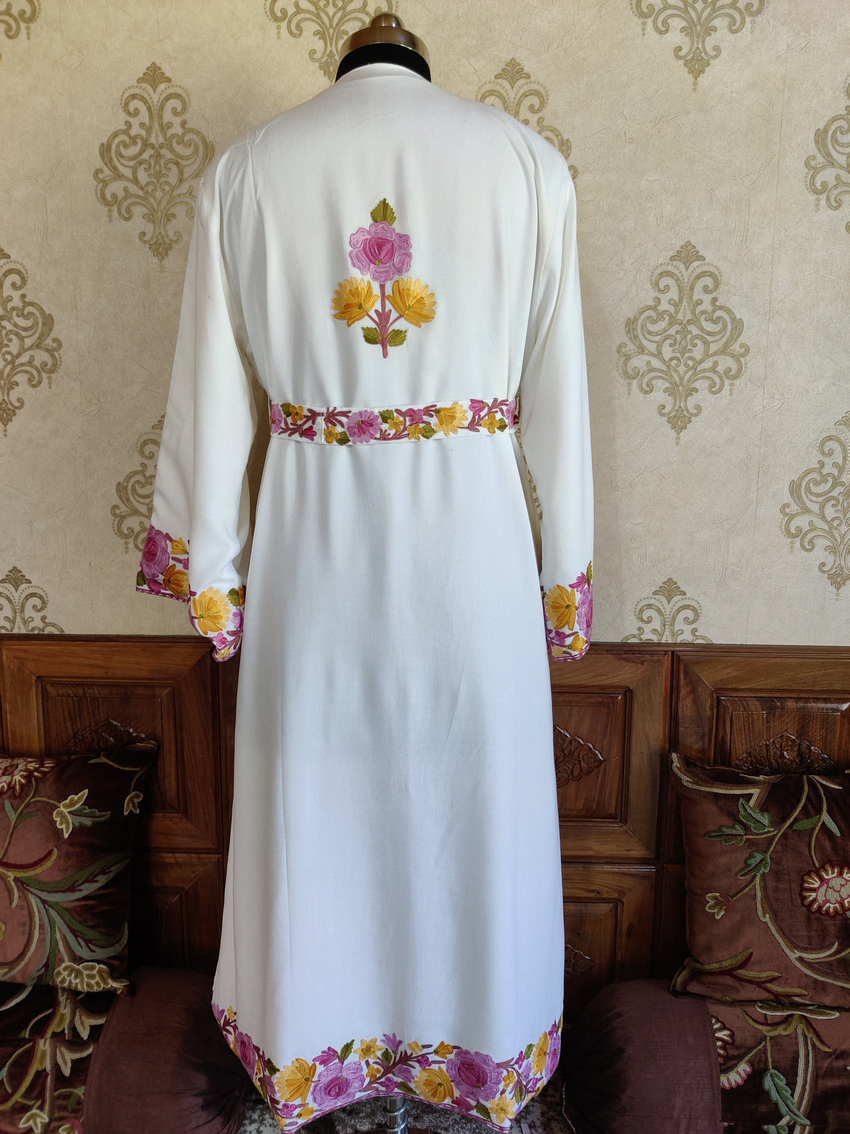 White Long Kashmiri Embroidery Robe with Floral Embroidery Belt | Kashmiri Kimono Robe KashmKari