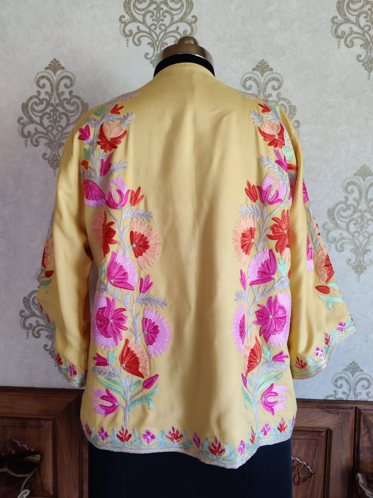 Yellow Short Kimono with Kashmiri Floral Embroidery | Kashmiri Embroidery Robe Robe KashmKari