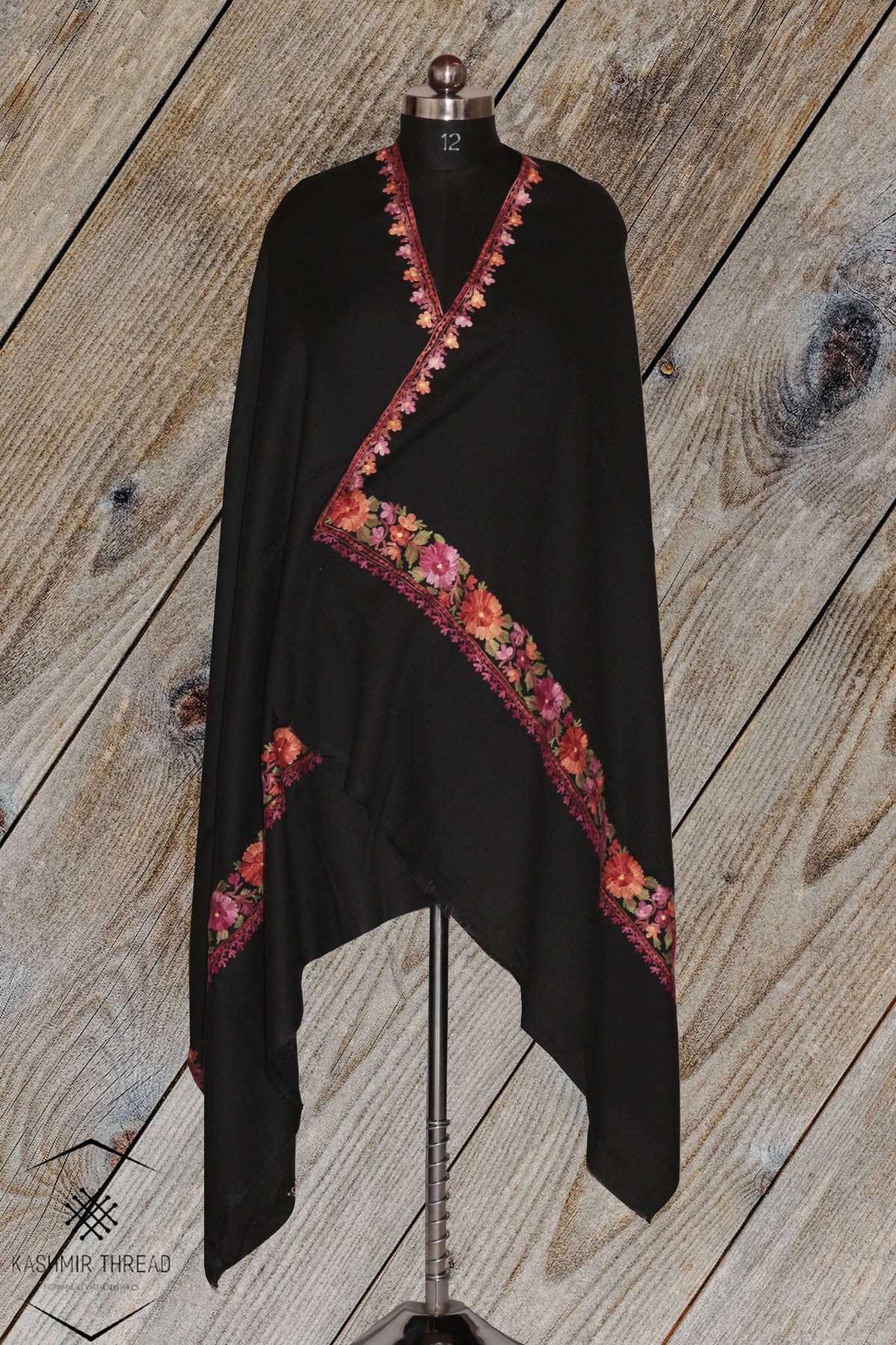Kashmir Thread shawl Black Kashmiri Woolen Shawl with Aari Embroidery