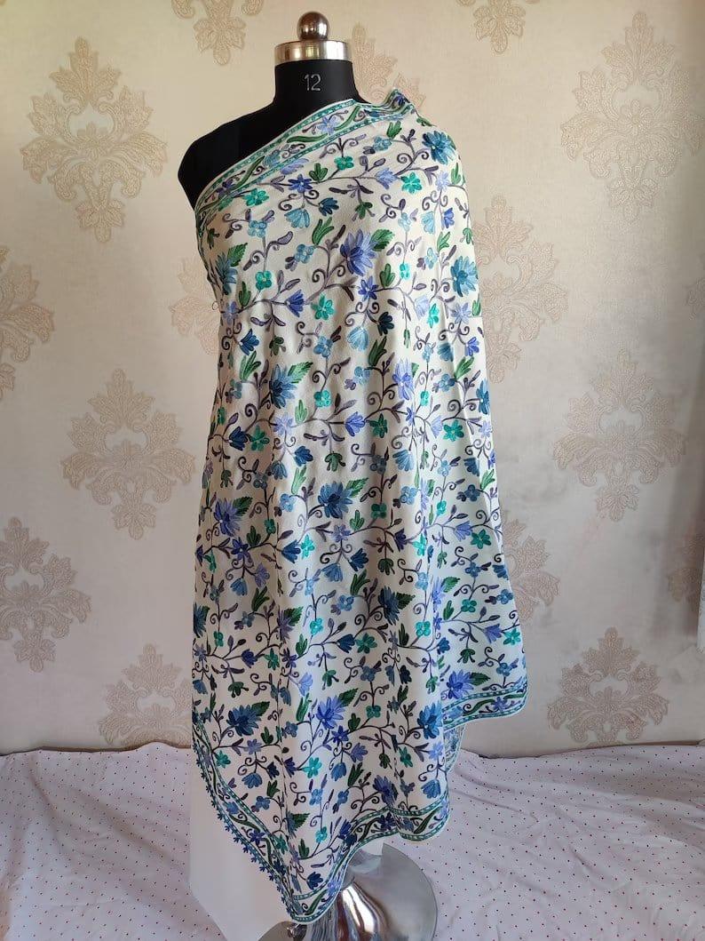 White Kashmiri Woolen Shawl with All Over Embroidery Shawl KashmKari Pure Wool / White / Blue Kashmiri Shawl Online At a Friendly Price | Kashmir Thread