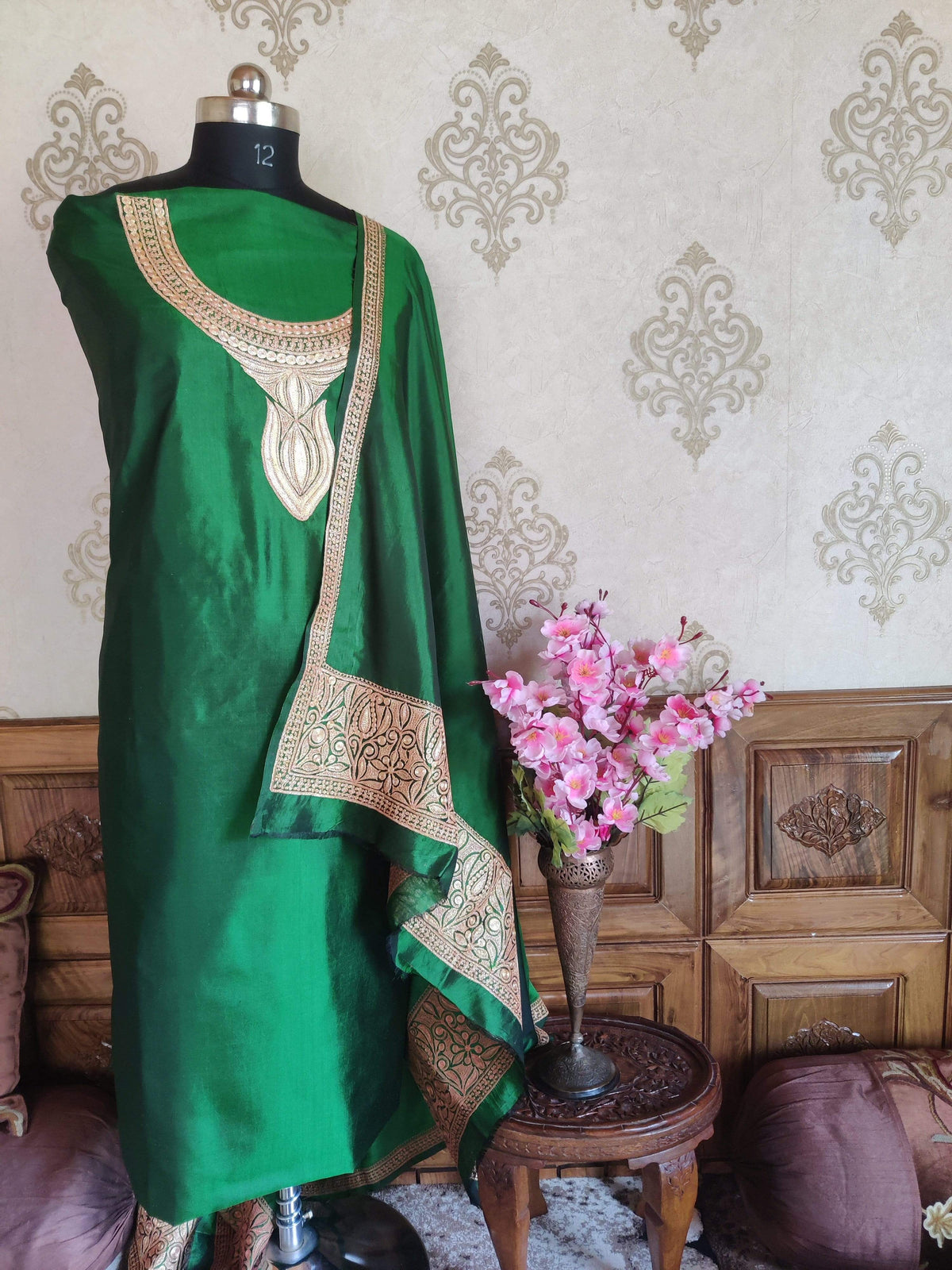 Kashmir Thread Summer Suit Pure Silk Tilla Kashmiri Suit Three-Piece With Heavy Embroidery On Sleeves