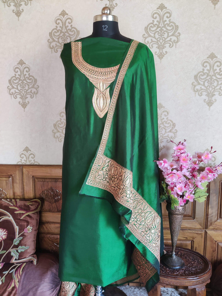 Kashmir Thread Summer Suit Pure Silk Tilla Kashmiri Suit Three-Piece With Heavy Embroidery On Sleeves