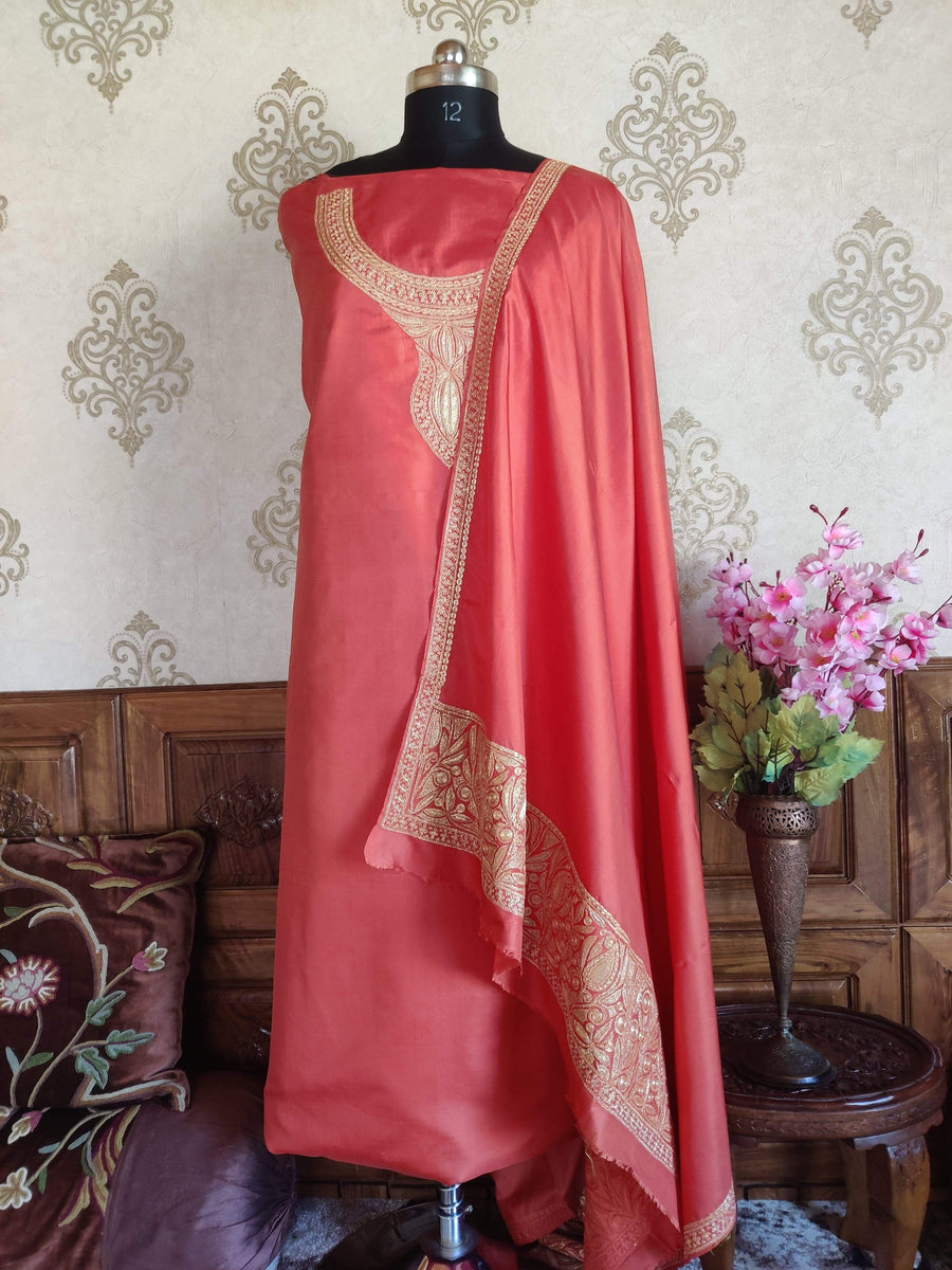 Kashmir Thread Summer Suit Pure Silk Tilla Kashmiri Suit Three-Piece With Heavy Embroidery On Sleeves