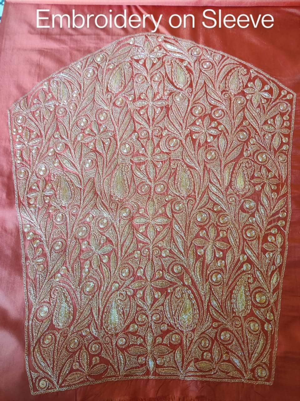 Sleeve panel labelled “Embroidery on Sleeve”, densely covered in pale-gold floral vines on coral-pink silk.