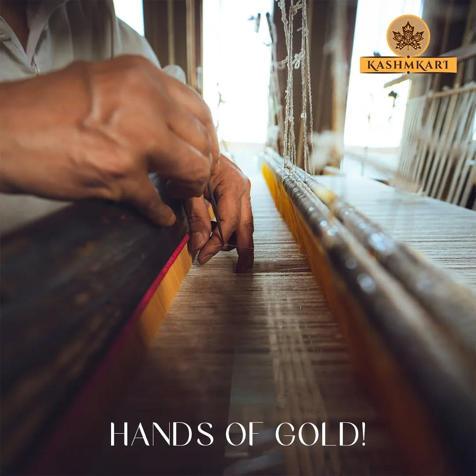 Close-up of hands working at a wooden loom, with the words Hands of Gold