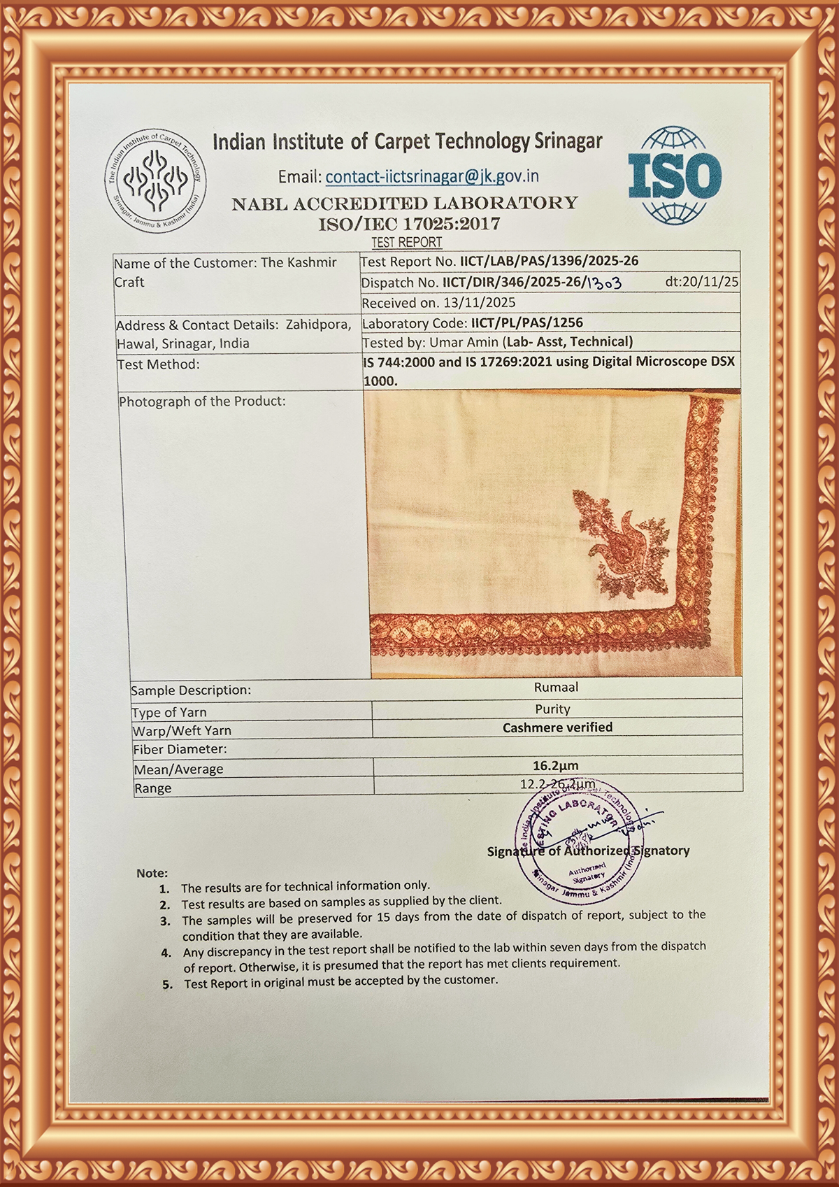 Indian Institute of Carpet Technology Srinagar test report with a rumal photograph and fibre test details in a gold frame