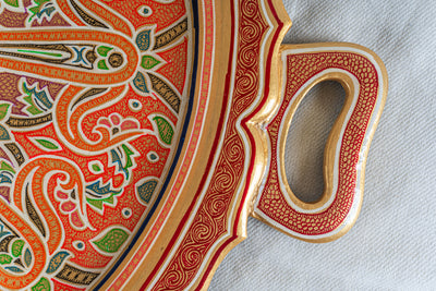 Amber Paisley Hand-Painted Paper Mache Round Tray