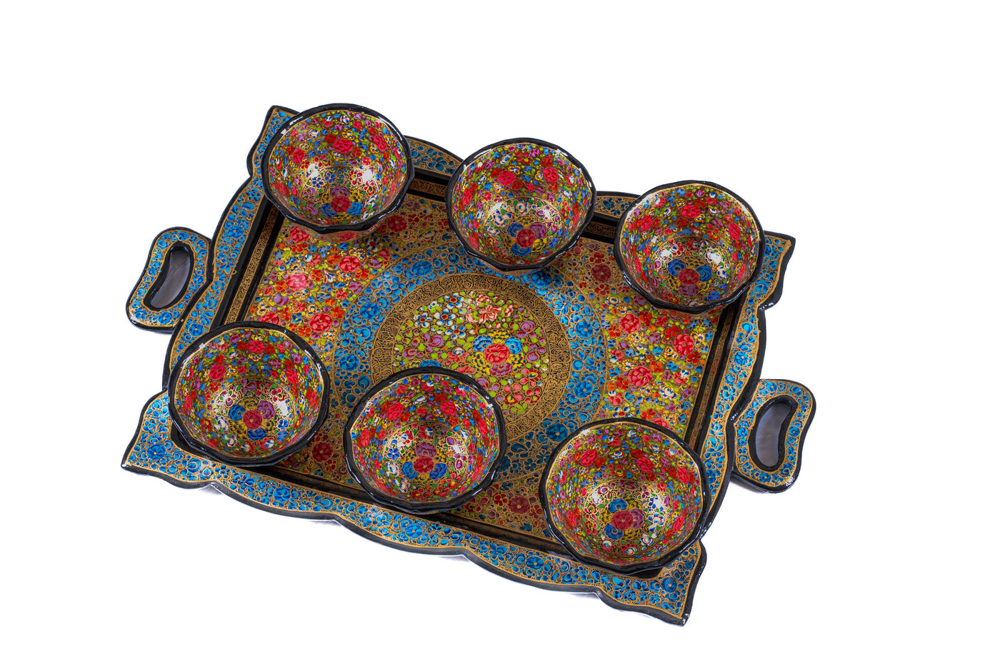 Garden Symphony Hand-Painted Paper Mache Tray & 6 Cups Set