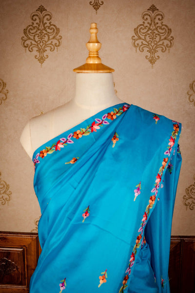 The Blue Elegance: Kashmiri Hand Aari Embroidered Pure Silk Saree - KashmKari
