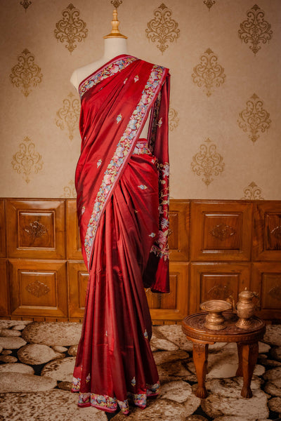 Maroon Splendor: Kashmiri Pure Silk Saree with Hand Aari Embroidery - KashmKari