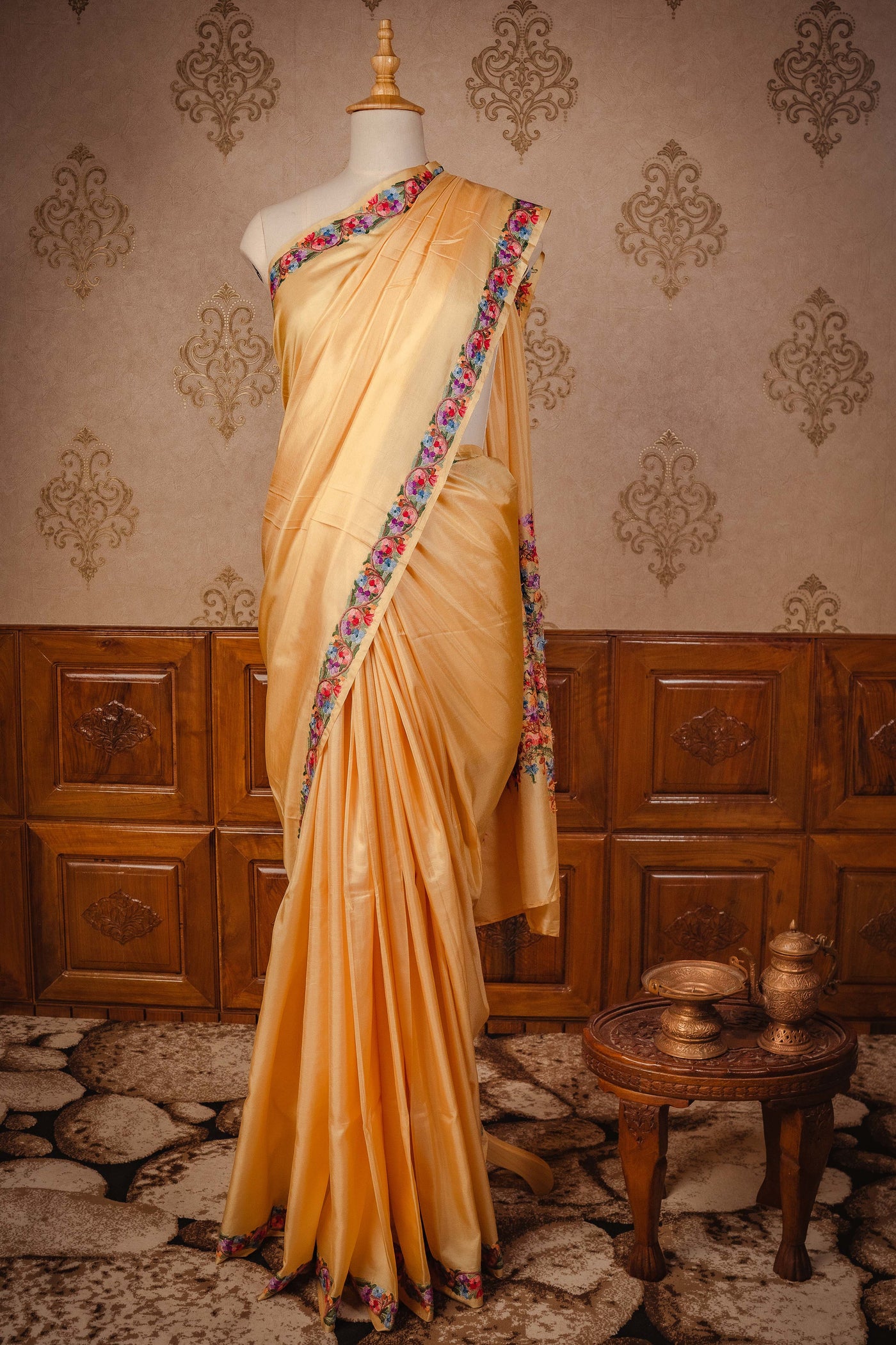 The Kashmiri Elegance: Cream-Coloured Pure Silk Saree with Vibrant Aari Embroidery - KashmKari