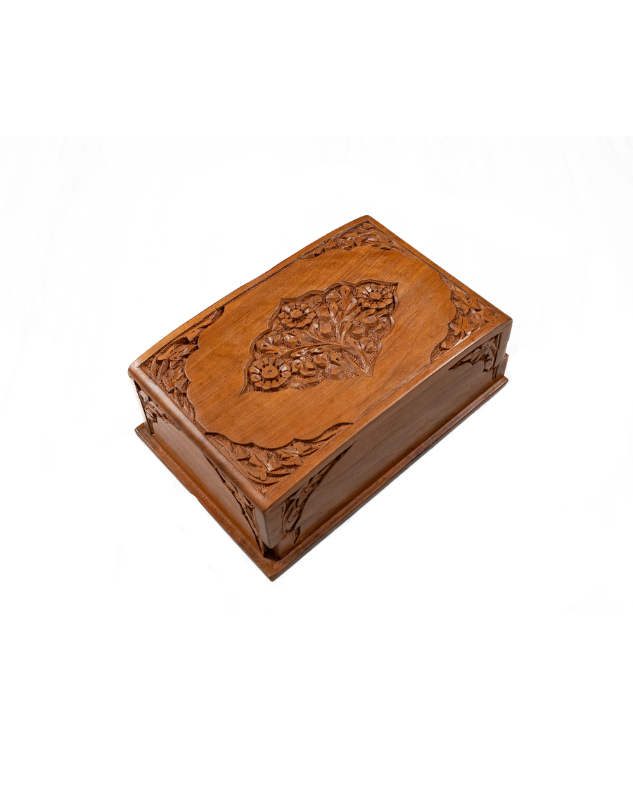 8" x 5" x 3" Petal Crest Elegance: Hand Carved Walnut Wood Wooden Box