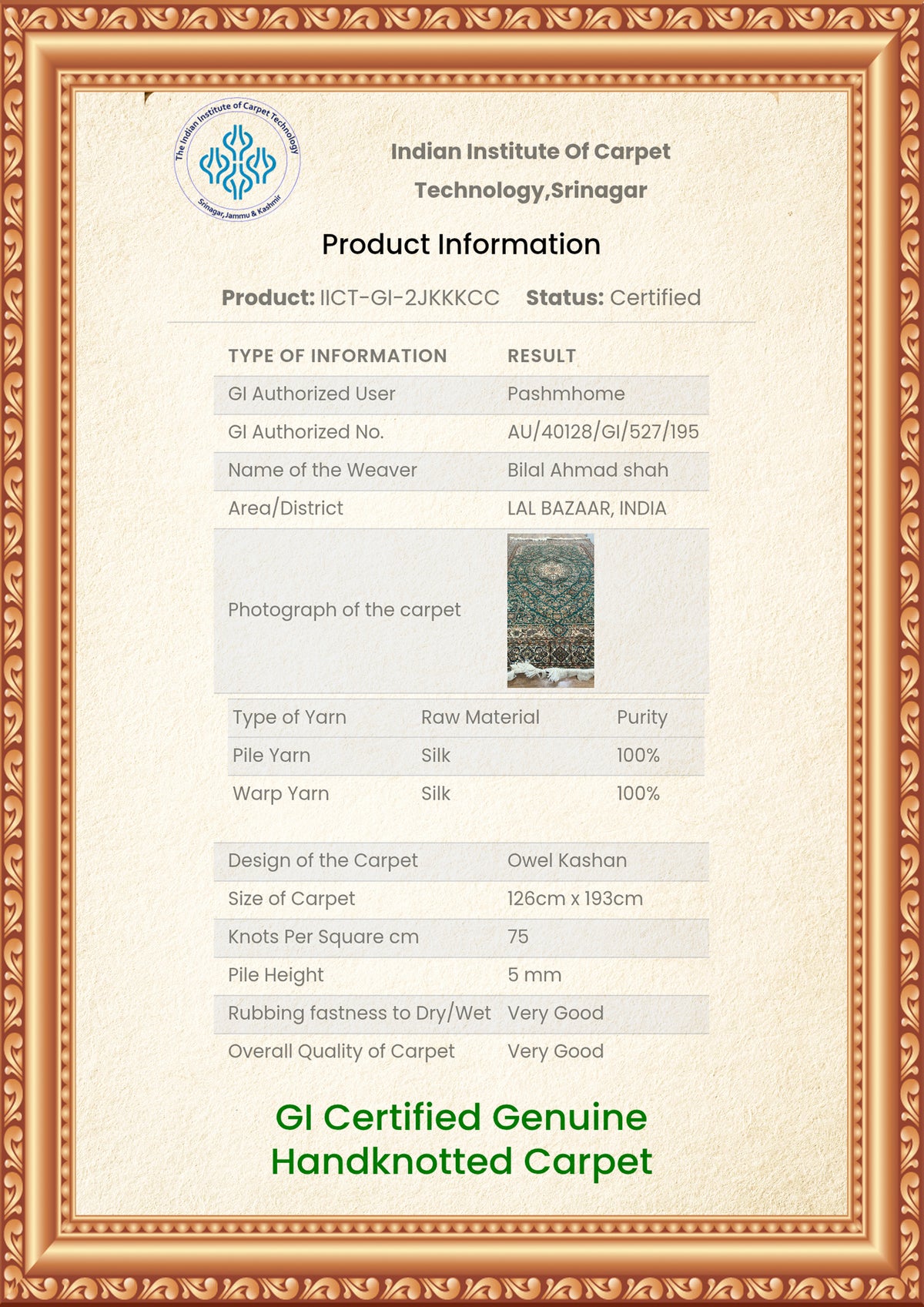 6ft x 4ft: Emerald Garden Medallion: Hand Knotted Mulberry silk on silk Kashmiri Carpet