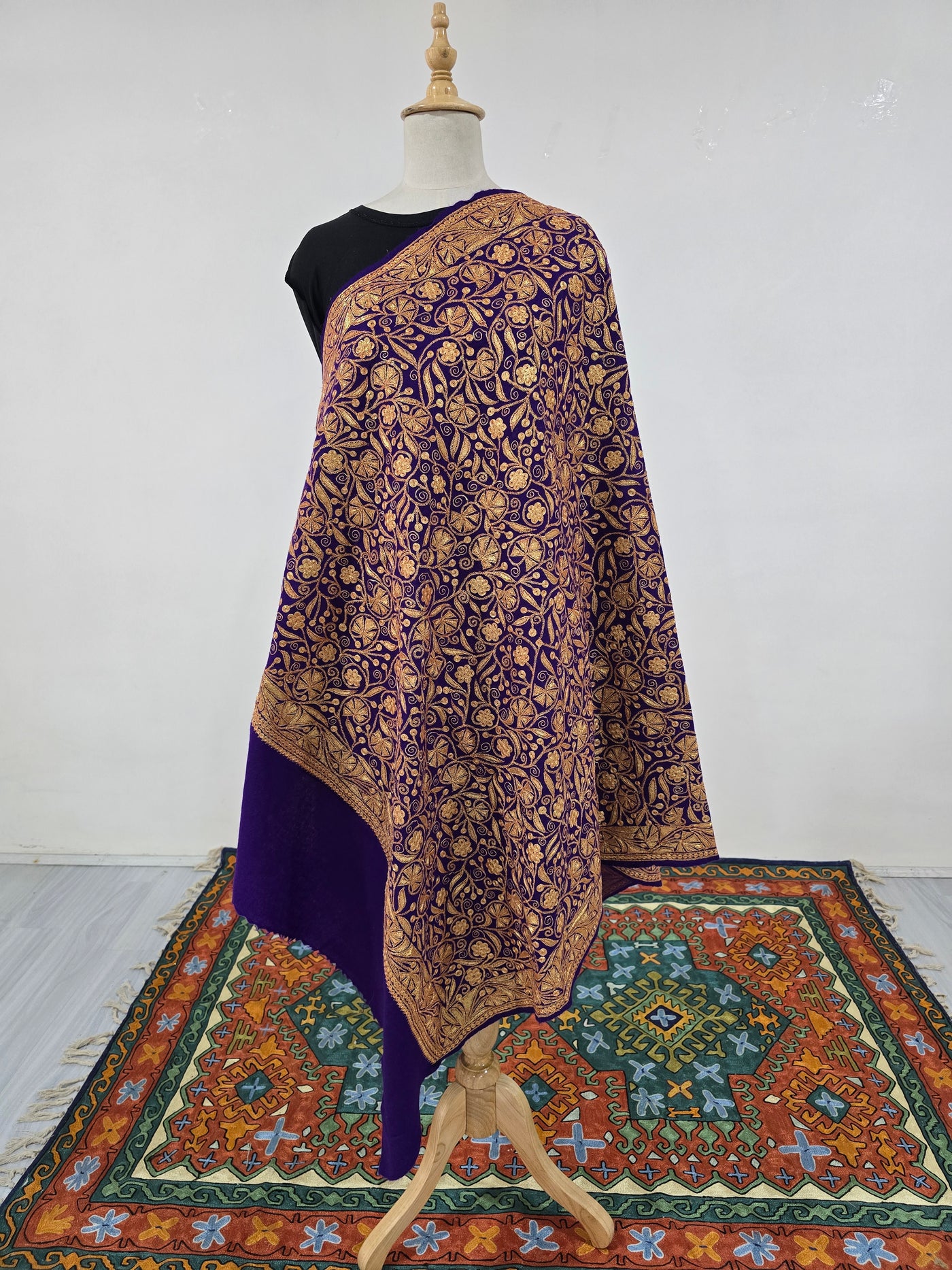 Royal Purple Fine Merino Wool Shawl with Exquisite Tilla Embroidery