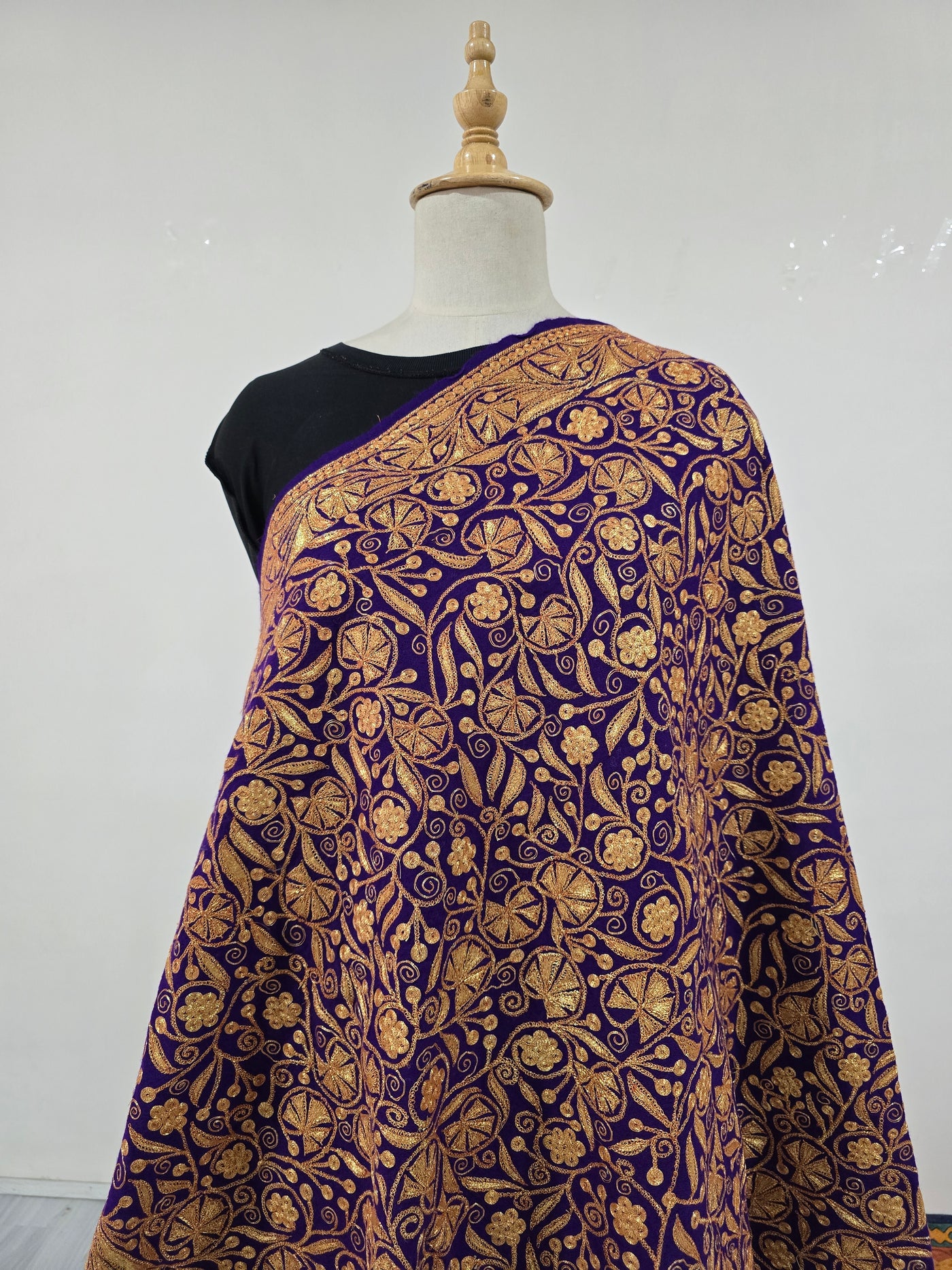 Royal Purple Fine Merino Wool Shawl with Exquisite Tilla Embroidery