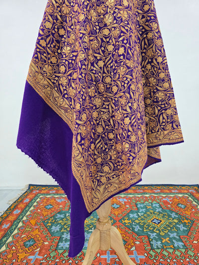 Royal Purple Fine Merino Wool Shawl with Exquisite Tilla Embroidery