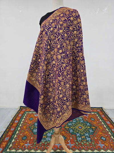 Royal Purple Fine Merino Wool Shawl with Exquisite Tilla Embroidery