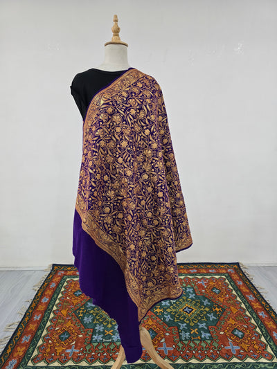 Royal Purple Fine Merino Wool Shawl with Exquisite Tilla Embroidery