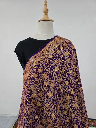 Royal Purple Fine Merino Wool Shawl with Exquisite Tilla Embroidery