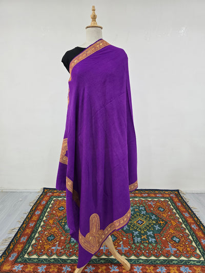 Majestic Purple Fine Merino Wool Shawl with Tilla Border Embroidery