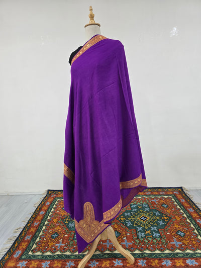 Majestic Purple Fine Merino Wool Shawl with Tilla Border Embroidery