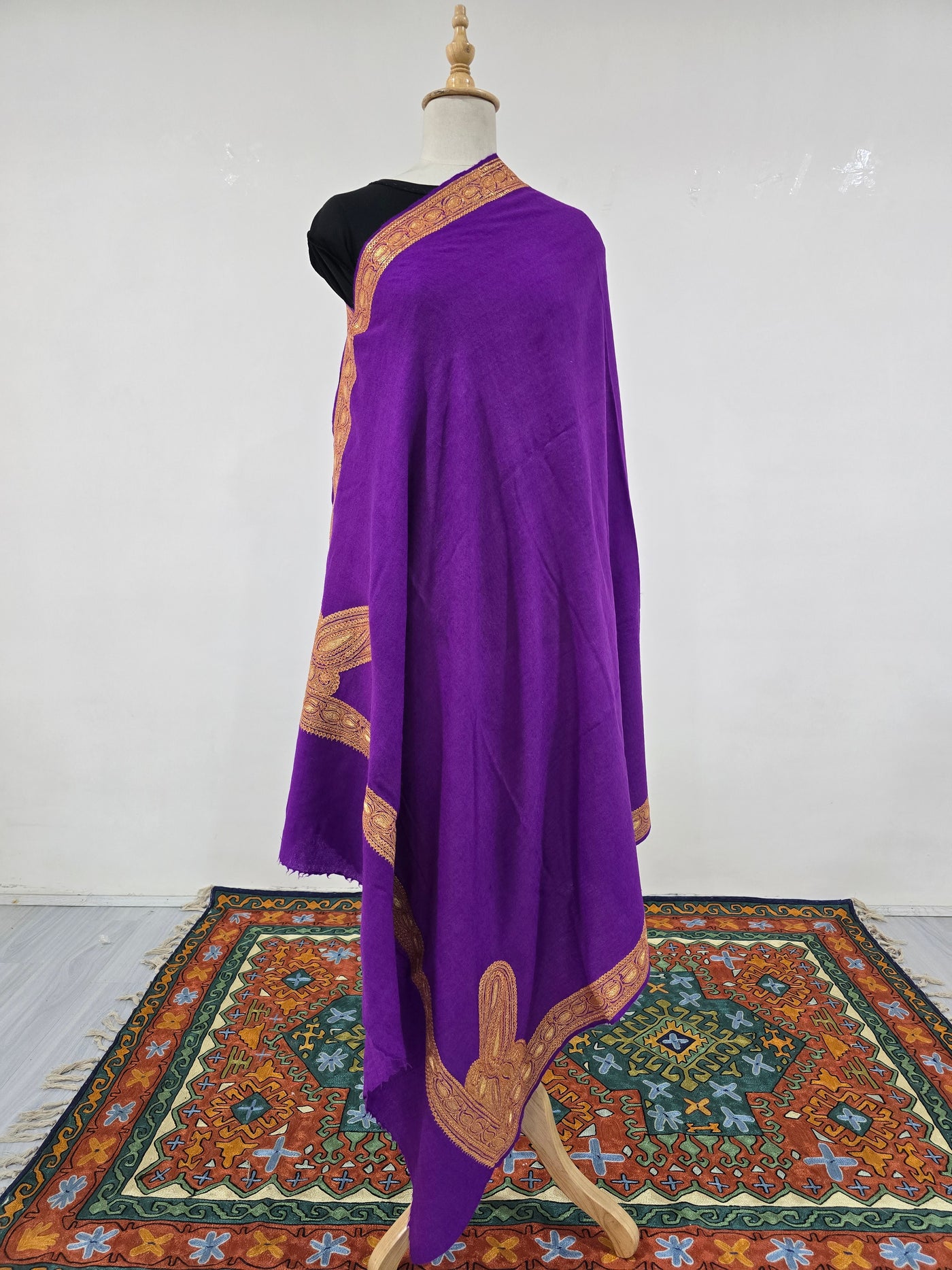 Majestic Purple Fine Merino Wool Shawl with Tilla Border Embroidery