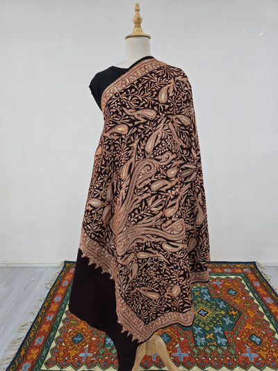 Elegant Brown Fine Merino Wool Shawl with Paisley Tilla Embroidery