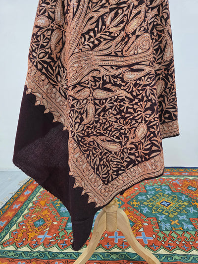 Elegant Brown Fine Merino Wool Shawl with Paisley Tilla Embroidery